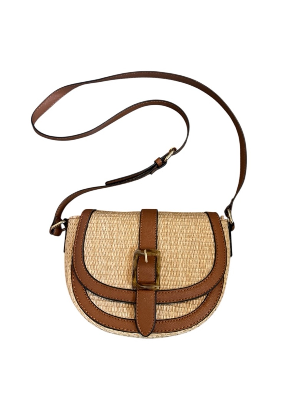 Izzy & Ali Vegan Leather Straw Saddle Round Crossbody Summer Bag